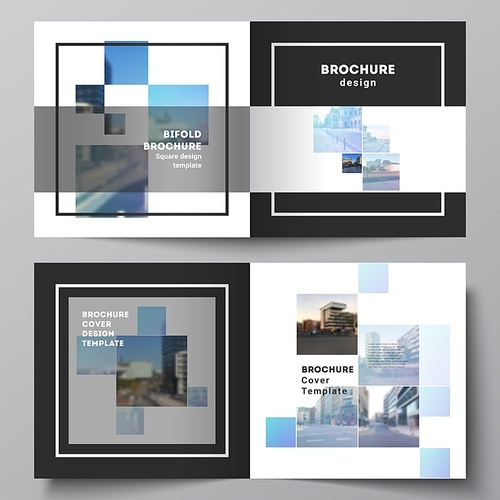 Vector layout of two covers templates for square design bifold brochure, flyer, magazine, cover design, book design, brochure cover. Abstract design project in geometric style with blue squares