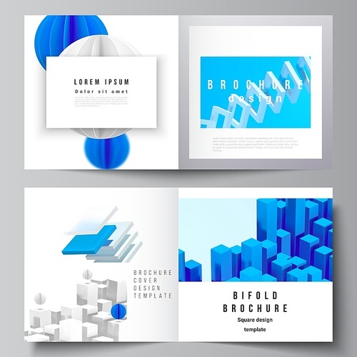 Vector layout of two covers template for square bifold brochure, flyer, magazine, cover design, book design, brochure cover. 3d render vector composition with realistic geometric blue shapes in motion.
