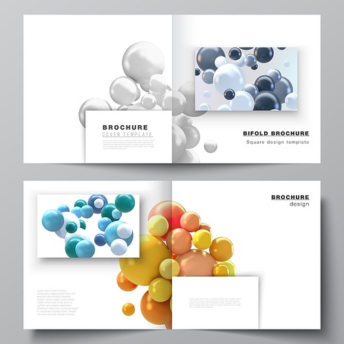 Vector layout of two covers templates for square bifold brochure, flyer, magazine, cover design, book design, brochure cover. Realistic vector background with multicolored 3d spheres, bubbles, balls