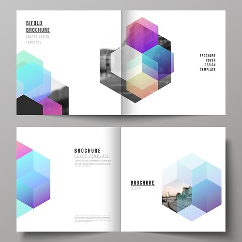 Vector layout of two covers templates with colorful hexagons, geometric shapes, tech background for square design bifold brochure, flyer, magazine, cover design, book design, brochure cover