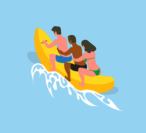 Summer sea adventures of people vector, man and woman sitting on inflatable banana boat holding each other. Male and female on holidays summertime vacation