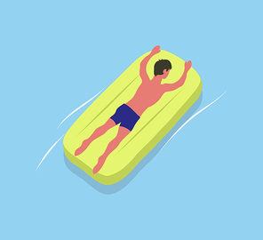Man suntanning on yellow mattress isolated male character in blue trunks. Vector boy and inflatable means helping to swim in sea or oceans waters