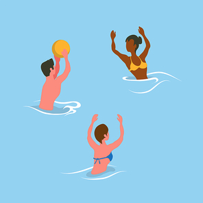 People catching ball in water, summer aqua activity. Man and woman wearing swimsuit, flat design style, splashing and playing volleyball in pool vector