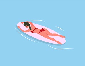 Woman swimming on surfboard isolated on blue sea waters. Vector surfboarder relaxing on summer resort, extreme sport and cartoon character in bikini, back view