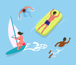 Man swimming in water, person lying on inflatable mattress, woman windsurfing, summer water activities. full length view of woman and man in sea vector