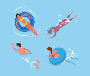 Woman sunbathing on rubber inflatable circle, man in swimwear diving with tube and mask, people swimming in water, activity in pool, summertime vector
