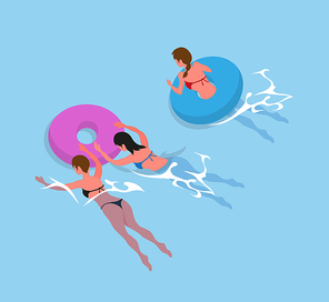 Girls in bikini swimsuit swimming in inflatable round blue circles. Vector women back view in rubber donut sunbathing, person resting at sea or ocean