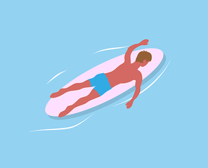 man swimming on surfboard isolated on blue sea waters. vector surfboarder relaxing in calm pool, extreme sport and cartoon character in pants, back view