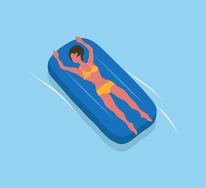 Woman suntanning on mattress isolated female character in yellow swimsuit. Vector girl and inflatable means helping to swim in blue sea or oceans waters