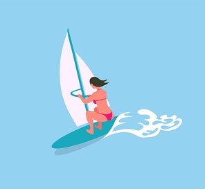 Woman swimming on surfboard with canvas in blue sea waters. Vector surfboard, extreme sport and cartoon character in bikini suit, back view