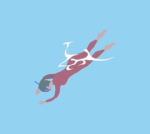 Man wearing red swimsuit diving, human in mask swimming underwater, full length and back view of person in sea, scuba activity or training in water vector