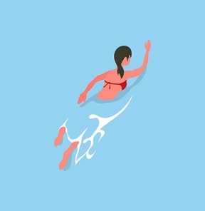 Woman swimming butterfly in blue water. Vector sportsman girl on training, athletic lady in swimsuit, summertime sport activities, freestyle swimmer on rest