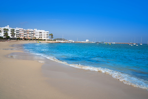 Ibiza Santa Eulalia town beach in Mediterranean Balearic Islands of Spain