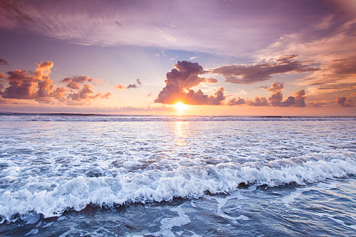 Amazing sunset from Bali Double Six beach surf waves and colorful clouds