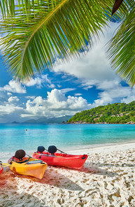 Beautiful Petite Anse beach with kayaks and palm tree at Seychelles, Mahe
