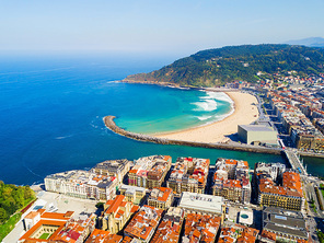 San Sebastian or Donostia beach aerial panoramic view. San Sebastian is a coastal city in the Basque country in Spain.