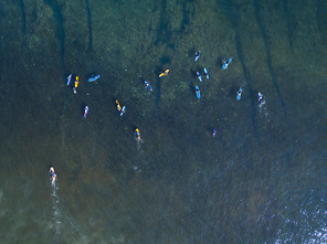 Aerial view of group of surfers, Bali, Indonesia