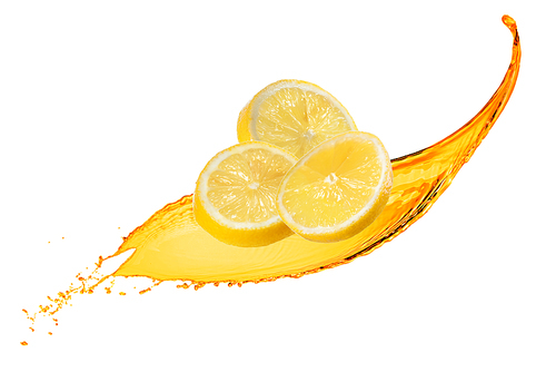 Falling slices of lemon with juice splash isolated on white