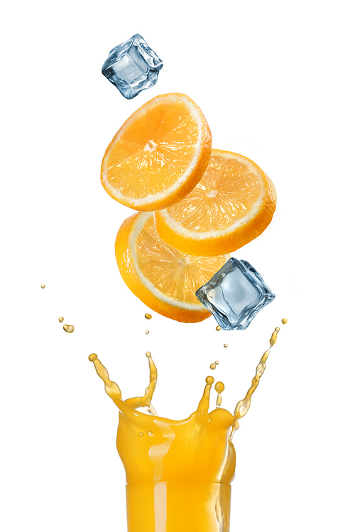 slices of orange falling into juice splash in glass isolated on white