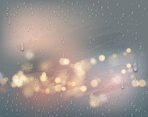 Night city lights view through a foggy window with raindrops. Vector illustration EPS10