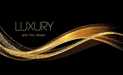 Abstract shiny color gold wave design element with glitter effect on dark background. Fashion sequins for voucher, website and advertising design