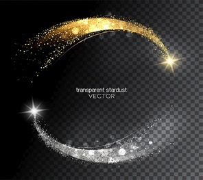 Abstract shiny color gold and silver design element with glitter effect and star on transparent background. Fashion sequins for voucher, website and advertising design. Tail comet. Merry christmas star