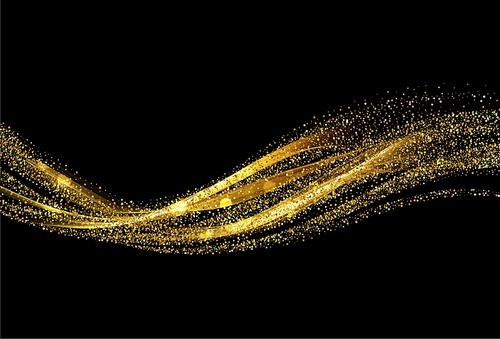 Abstract shiny color gold wave design element with glitter effect on dark background. Fashion sequins for voucher, website and advertising design. Invitation card