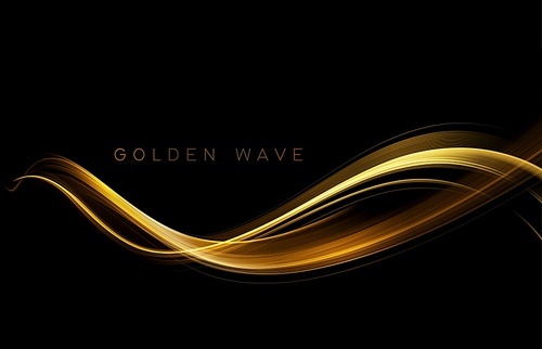 Abstract shiny color gold wave design element on dark background. Fashion motion flow design for voucher, website and advertising design. Golden silk ribbon for cosmetic gift voucher