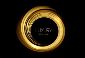 Abstract shiny color gold swirl design element on dark background. Fashion motion flow design for voucher, website and advertising design for cosmetic gift voucher