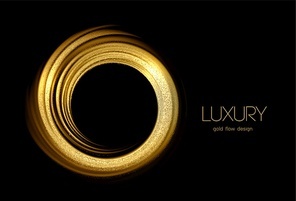 Abstract shiny color gold swirl design element on dark background. Fashion motion flow design for voucher, website and advertising design for cosmetic gift voucher