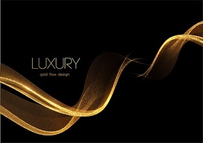 Abstract shiny color gold wave design element on dark background. Fashion motion flow design for voucher, website and advertising design. Golden silk ribbon for cosmetic gift voucher