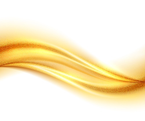 Abstract shiny color gold wave design element with glitter effect on white background. Fashion sequins for voucher, website and advertising design