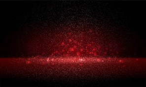 Luxury red gold glitter particles on black background. Red glowing lights magic effects. Glow sparkles, vector illustration. Glitz dust