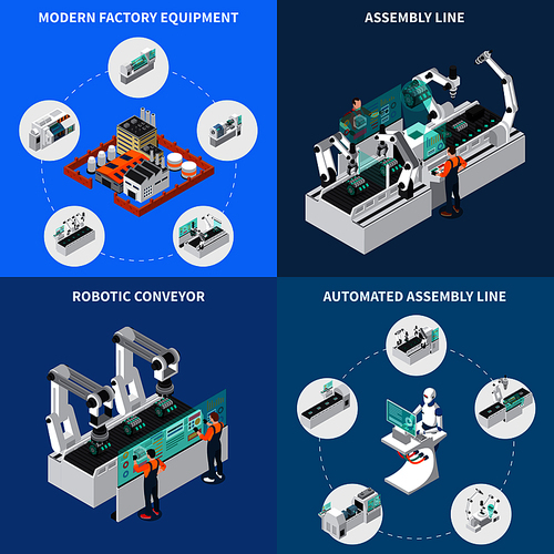 Industrial robots automation isometric 2x2 design concept with production robotic automation units with icons and editable text vector illustration