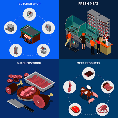 Butchery sausage shop isometric 2x2 design concept with isolated pictograms and icons with meat products vector illustration