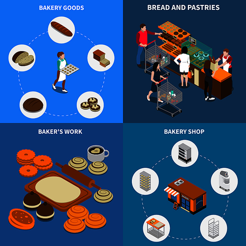Bakery bread production isometric 2x2 design concept with isolated images of food items and human characters vector illustration