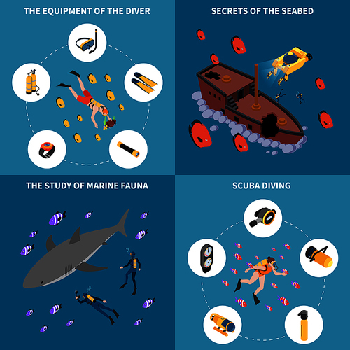 Scuba diving equipment study of marine fauna secrets of sea bed isometric design concept isolated vector illustration