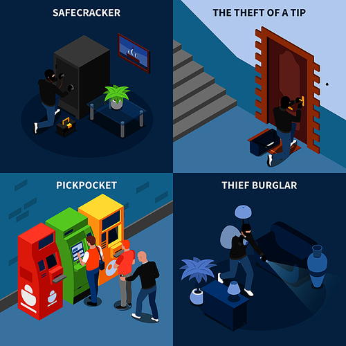 Thief burglar pick pocket and safe cracker theft of tip isometric design concept isolated vector illustration