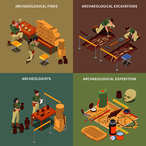 Archeology isometric concept icons set with excavations and finds symbols isolated vector illustration