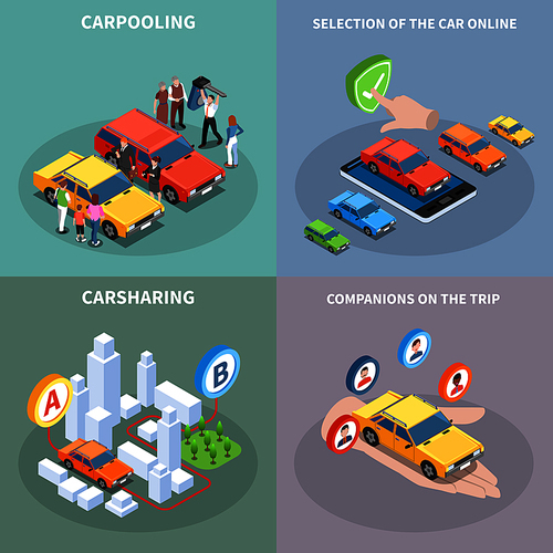 Carsharing concept icons set with car selection symbols isometric isolated vector illustration
