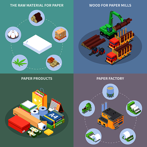 Paper production concept icons set with paper factory symbols isometric isolated vector illustration