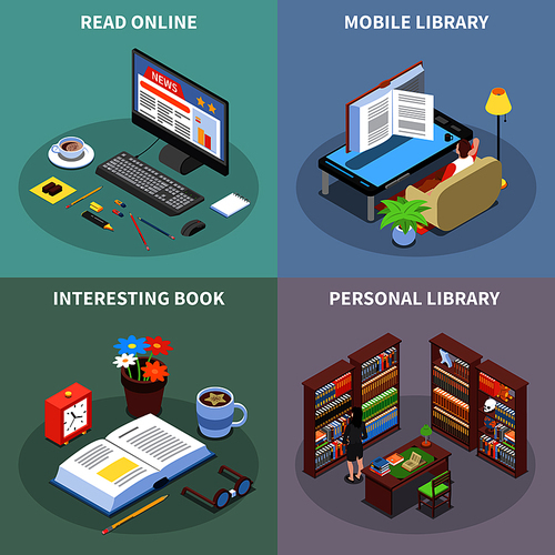 Reading and library concept icons set with mobile library symbols isometric isolated vector illustration