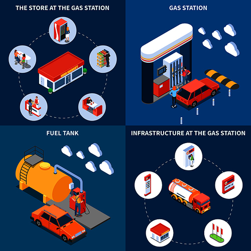 Gas station with infrastructure objects including fuel tank and store isometric design concept isolated vector illustration