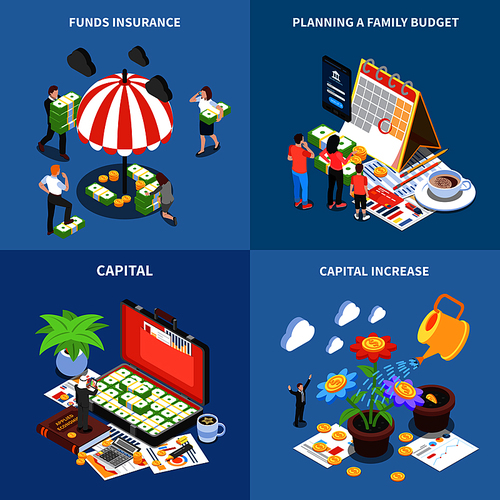 Wealth management isometric design concept with money resources funds insurance planning budget capital increase isolated vector illustration