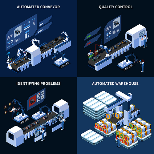 Intelligent manufacturing isometric design concept with robotized conveyor automated warehouse identifying problems quality control isolated vector illustration
