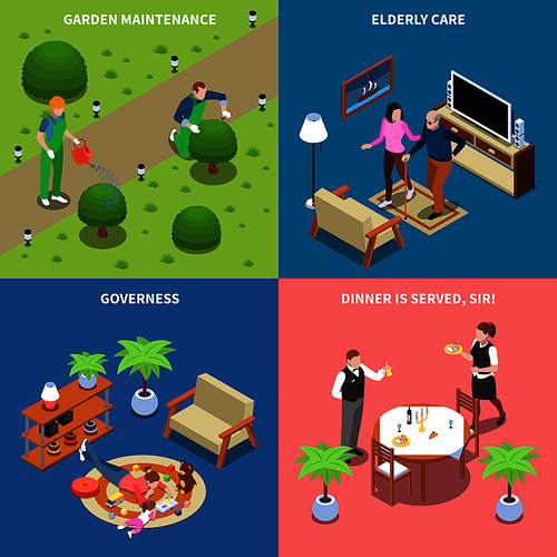 Home staff isometric people 2x2 design concept with text house workers and multi purpose domestic assistants vector illustration