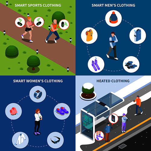 Wearable technology smart clothes isometric 2x2 design concept with human characters text and circle pictogram icons vector illustration