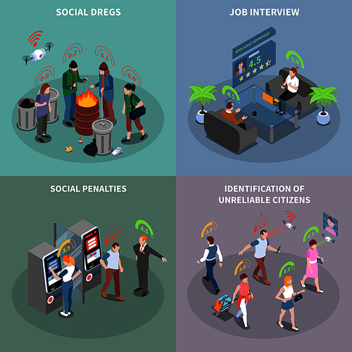 Social credit score system isometric 2x2 design concept with futuristic rating pictograms and people with text vector illustration
