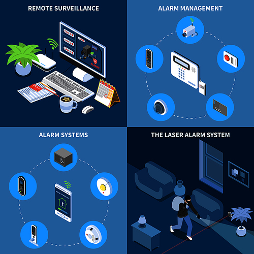 Home security 2x2 design concept set of remote surveillance alarm management laser alarm system square icons isometric vector illustration