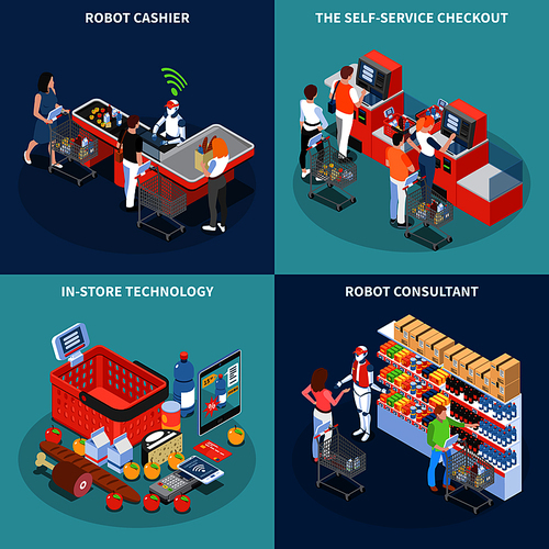 Shop technology 2x2 design concept with robot consultant robot cashier self service checkout square icons isometric vector illustration